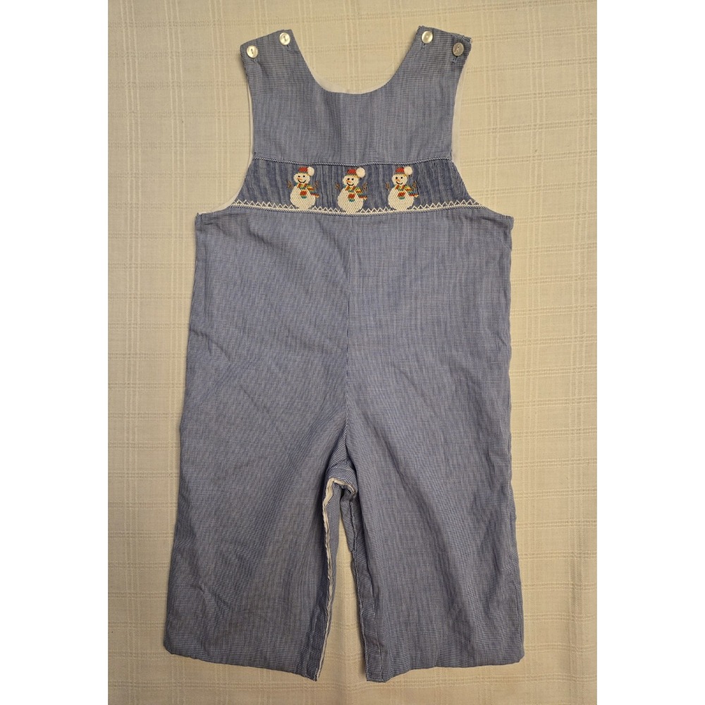 Vtg Petite Bebe Hand Smocked Longall Romper Boy 18 Months Snowman Blue Gingham